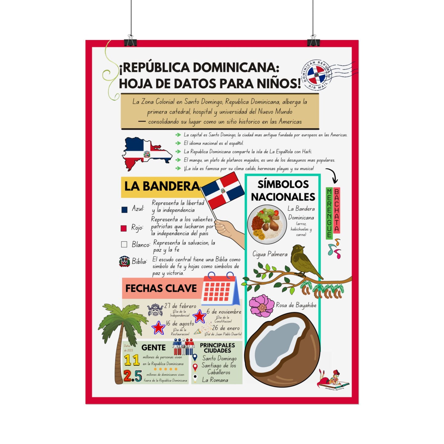 Póster Educativo Enrollado de la República Dominicana para Niños - Datos Divertidos